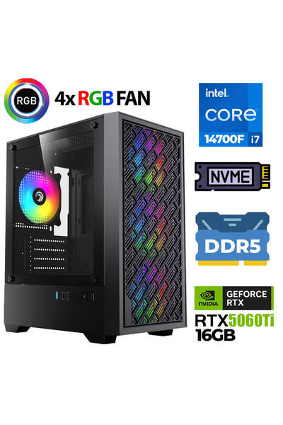 KİNGER KX570 i7 14700F 32GB DDR5 Ram 1TB M.2 NVMe SSD 16GB RTX5060 Ti Masaüst...