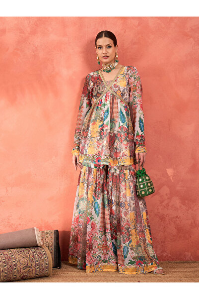 Sassafras By Styli Multi All Over Print Peplum Top and Sharara Pants Set