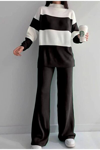moda paketi Oversize Sweater Pants Striped Two-Piece Knitwear Set