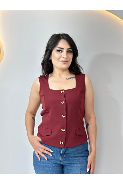 Aysel Boutiquee Mira Bordo Gold Düğme Detay Çepken Yelek A782