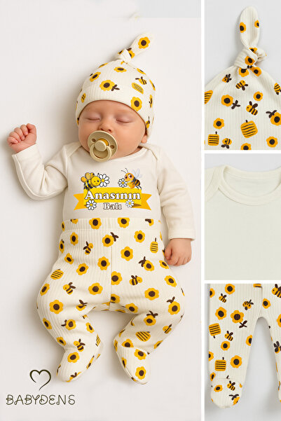BABYDEN'S Mother's Honey Written 3-Piece Baby Set – Bee Patterned Pants, Hat, and Long Sleeve Ribbed Bodysuit
