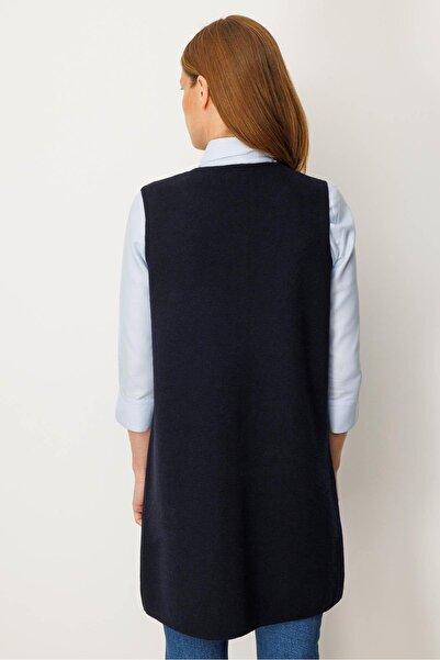 Desen Triko Women's Crew Neck Pocket Crochet Long Wool Vest Dark Blue