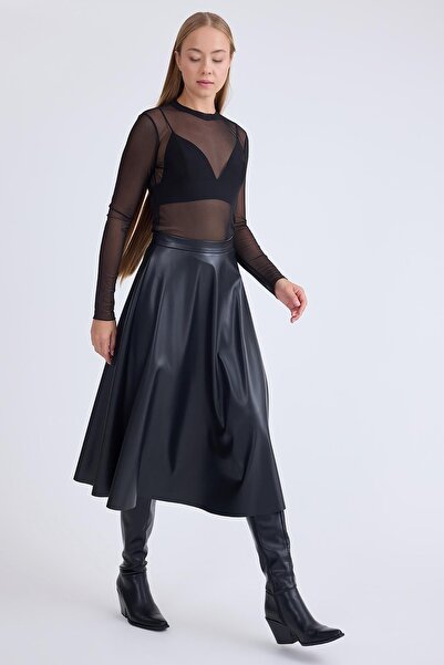 Vitrin Midi Length Leather Flared Skirt
