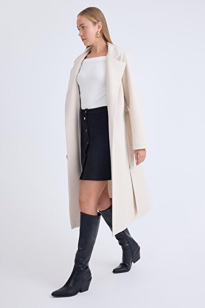 Vitrin Ceket Yaka Kuşaklı Kaşe Kaban