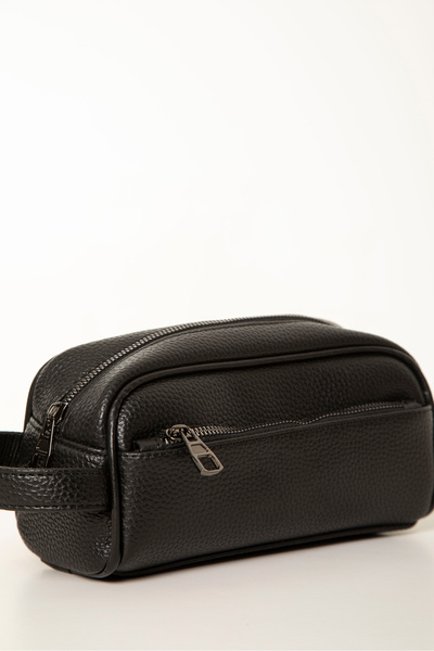 Fjellor Adar Men's Black Vegan Leather Handbag – Front Zipper Pocket, Textured Pattern