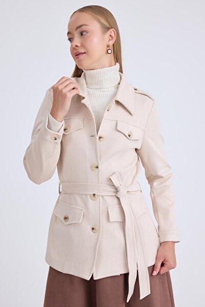 Vitrin سترة من جلد الغزال بأزرار وحزام عند الخصر