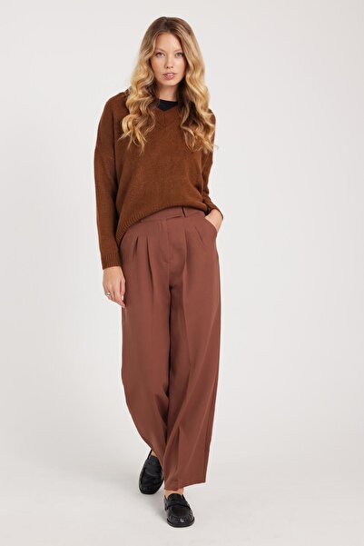 Tudors Women's Regular Fit Classic Cut Velcro Closure Palazzo Brown Trousers