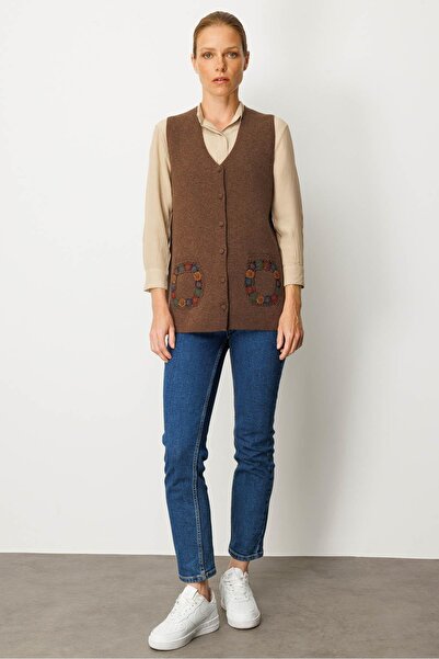 Desen Triko Дамски пуловер с V-образно деколте и джоб, плетен от вълна, цвят тъмно кафе