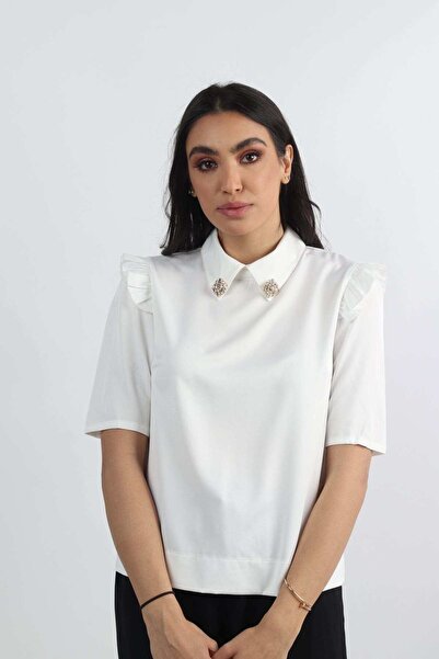 Nichii Embroidered Collar Half-Sleeve Top