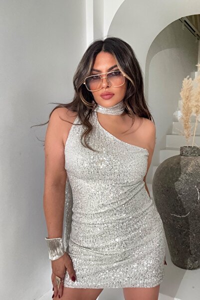 Sohotique By P Rochie cu un singur umăr cu paiete, cu eșarfă, Stone