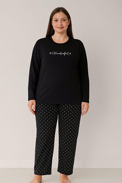Pemilo Women's 20743 Large Size Long Sleeve 100% Cotton Milan Pajama Set Dark Blue