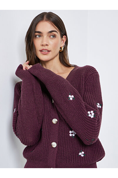 Styli Burgundy Floral Embroidered Cardigan