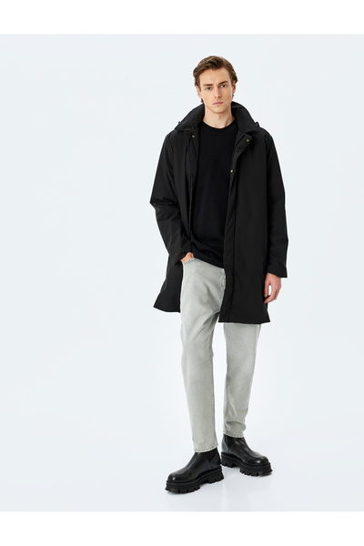 Koton Zippered Slim Fit Detachable Hooded Raincoat Coat