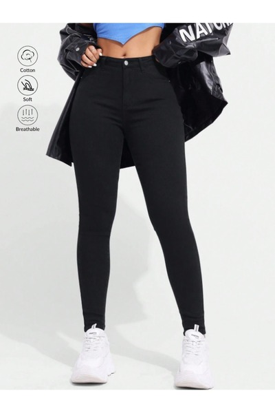 SHEVEGA Women's Black High Waist Linen Lycra Tight Leg Trousers