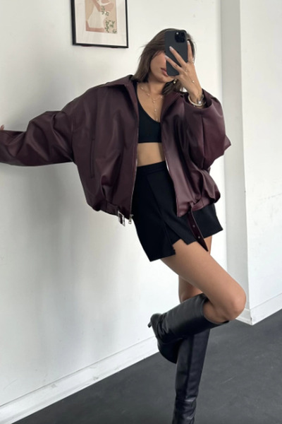 Jaglion Δερμάτινο μπουφάν Luvren Bordo Street Style Bomber ZR