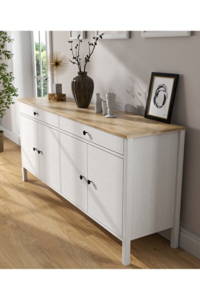 Sakura Ahşap Hunerika Lorena 4 Kapak 2 Çekmeceli Konsol -Wood Beyaz-Minifiks Bağlantılı