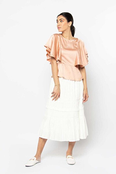 Nichii Layered Ruffle Long-Sleeve Satin Top