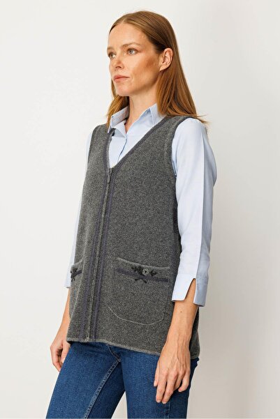 Desen Triko Women's V-Neck Pocket Embroidered Wool Vest Smoked