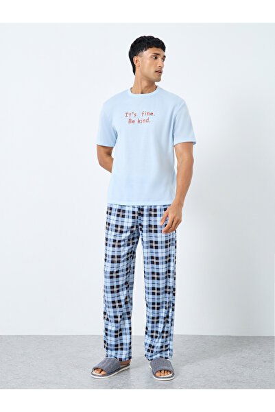Styli Men Slogan Print T-Shirt and Checked Pyjama Set
