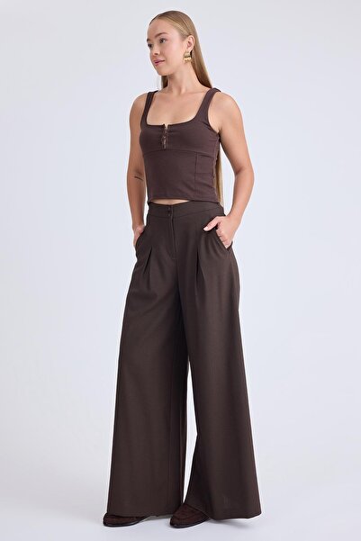 Vitrin İki Düğme Beli Lastikli Pileli Pantolon