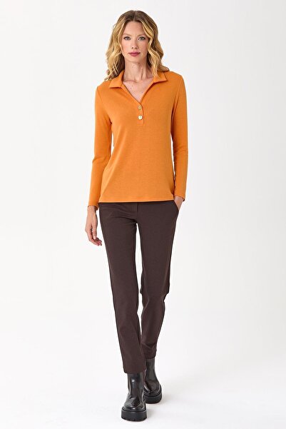 İKİLER Button Front Long Sleeve Shirt Collar Blouse