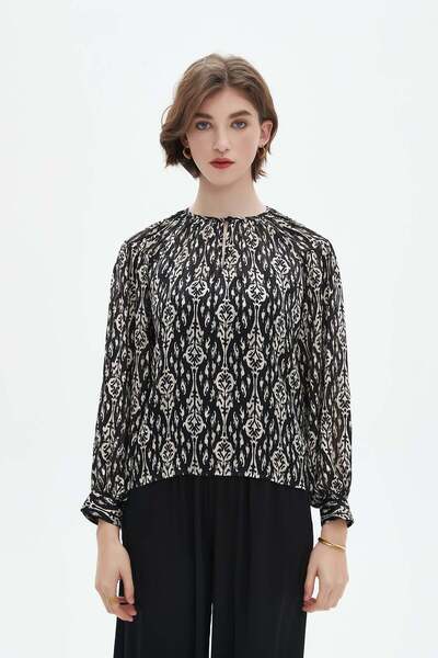 Nichii Printed Long-Sleeve Top with Ruffles
