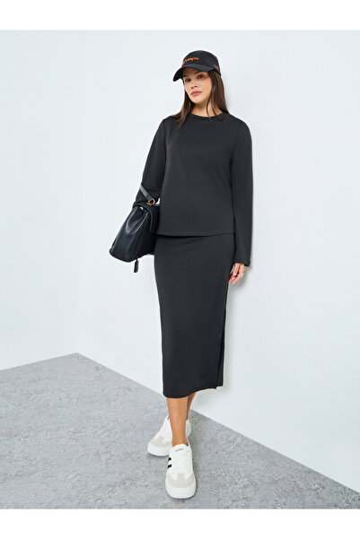 Styli Black Solid Knit Top and Midi Skirt Co-Ords