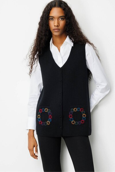 Desen Triko Vestă de lână croșetată cu buzunar cu decolteu în V pentru femei, neagră