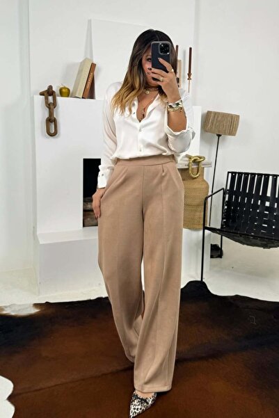 ubmbutik Back Waist Elasticated Suede Wide Leg Trousers