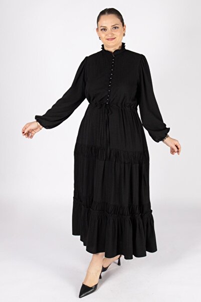 Bedrinxxl Büyük Beden Kadın Volan Düğme Hakim Yaka Uzun Elbise Şık Bohem Tese...