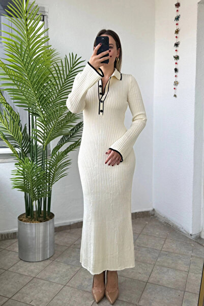 Kubos Moda Spanish Cuff Polo Neck Long Ecru Dress