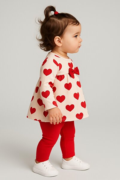 dinamik çocuk Baby Girl/Child Large Heart Printed Shoulder Snap Fastener with Bow - 2-Piece Baby Set Seasonal 3-6-9-12 Months