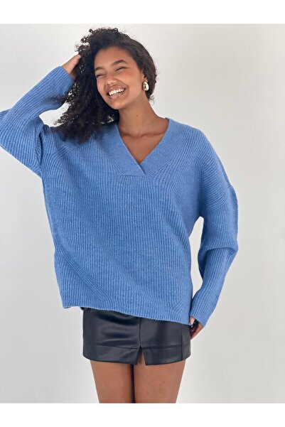 Miss Poem Women's V-Neck Bat Sleeve Blue Knitwear