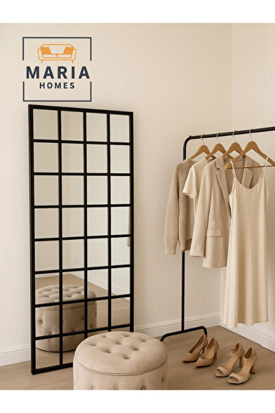 MARIA HOMES Black Wooden Frame Wall Mirror with Grid Design – Decorative Full-Length Mirror (180×80 cm)