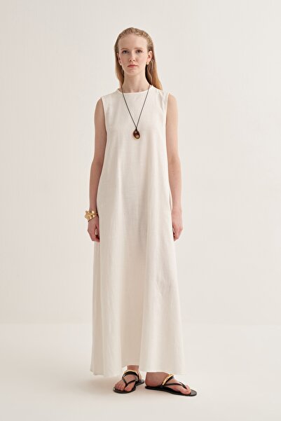 EBU Prive Women's Organic Cotton Sleeveless Belted Dress Ecru