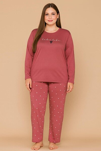 Pemilo Women's 20742 Plus Size Long Sleeve 100% Cotton Milan Pajama Set Dried Rose