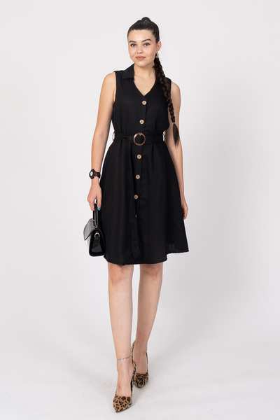 MissVina Rochie fără mâneci din in, cu detaliu cu nasturi și curea 50315