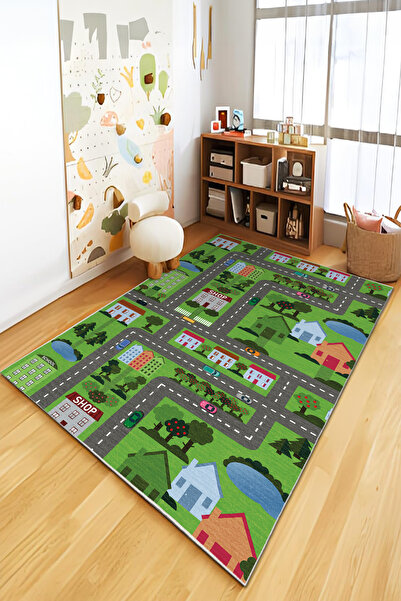 Emiroğlu Yeşillik Zeminli Otoyol Desenli Kaymaz Taban Çocuk Odası Halısı – Yıkanabilir,Konforlu Tasarım