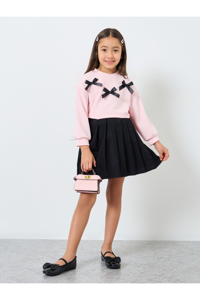Styli Girls Pink Bow Detail Sweatshirt and Skirt Set