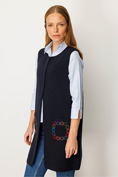 Desen Triko Women's Crew Neck Pocket Crochet Long Wool Vest Dark Blue