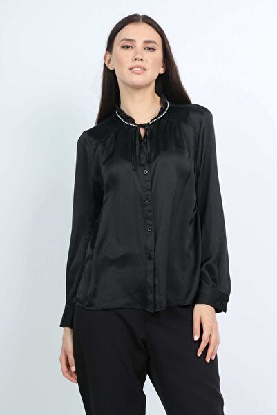 Nichii Satin Button-Front Top with Ruffled Collar