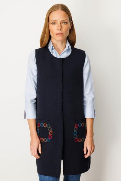 Desen Triko Women's Crew Neck Pocket Crochet Long Wool Vest Dark Blue