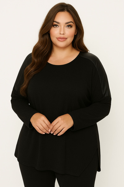 Butik Nilyam Women's Plus Size Crew Neck Long Sleeve Leather Detailed Stretchy Tunic 25006