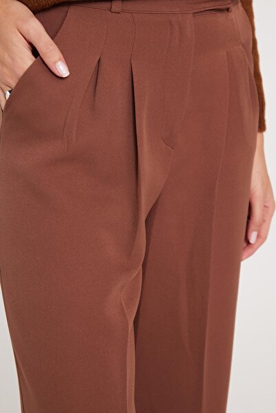 Tudors Kadın Regular Fit Klasik Kesim Cırt Kapamalı Palazzo Kahverengi Pantolon