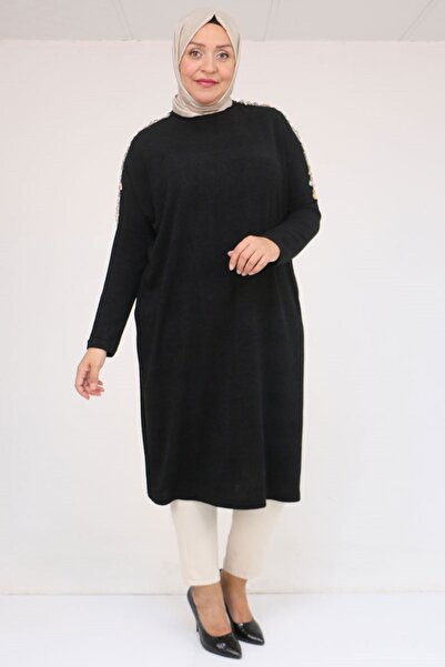 Eslina 58112 Plus Size Shoulder Accessory Detailed Low Sleeve Tunic - Black