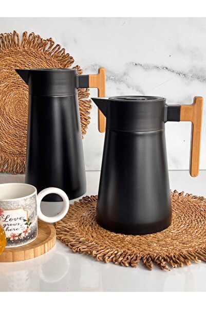 ROSSEV North Bamboo Handle Steel Thermos Black 2-Piece Set