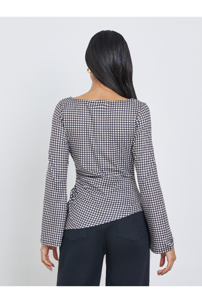 Styli Women Gingham Checked Tie Detail Blouse
