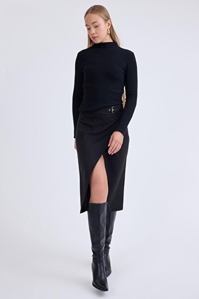 Vitrin Midi Suede Skirt with Buckle on the Front