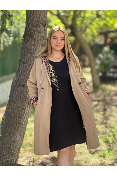 Costleyy KADIN BEJ BELİ BÜZGÜLÜ İÇİ LEOPAR DESEN KAPÜŞONLU KATLANILABİLİR KOL BÜYÜK BEDEN TRENÇKOT MONT