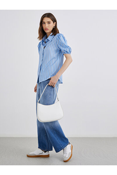 Take Two By Styli Women Blue Striped Puff Sleeves Shirt